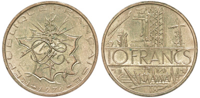 Франция 10 франков 1976 тип Матье KM 940, Le Franc 365.7-8 никель латунь 51-4026