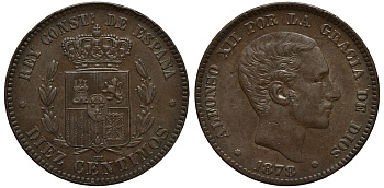 ИСПАНИЯ 10 СЕНТИМО 1878 OM, АЛЬФОНСО XII (1874-1885) KM 675 (Y70) бронза 650-1135