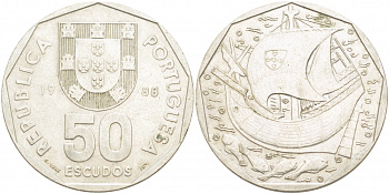 Португалия 50 эскудо 1988 парусник KM 636 медно-никель 4403-1041