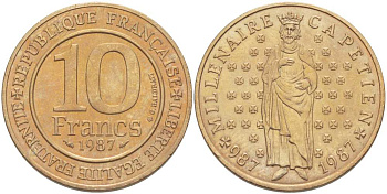 Франция 10 франков 1987 1000 лет первому королю Франции Гуго Капету KM 961 d, Le Franc 371.2 никелированная бронза UNC 215-632