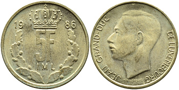 Люксембург 5 франков 1986 Великий герцог Жан (1964-1999) KM 60.1 латунь 4391-1254