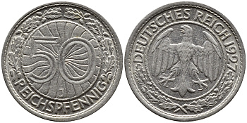 ГЕРМАНИЯ 50 РЕЙХСПФЕННИГОВ 1927 J KM 49, J. 324 никель 4387-1163