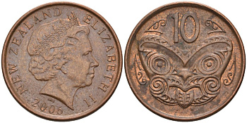 Новая Зеландия 10 центов 2006 маска Маори, Елизавета II (1952-) KM 117а сталь плакированная медью 186-422