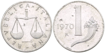 ИТАЛИЯ 1 ЛИРА 1970 R, РОГ ИЗОБИЛИЯ, ВЕСЫ KM 91 алюминий 4549-128