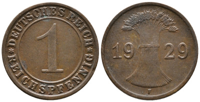 ГЕРМАНИЯ 1 РЕЙХСПФЕННИГ 1929 F KM 37, J. 313 бронза 39-1029