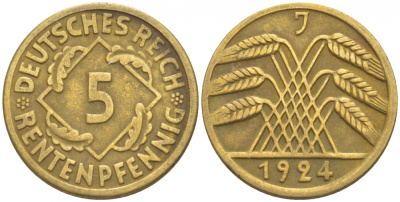 ГЕРМАНИЯ 5 РЕНТЕНПФЕННИГОВ 1924 J, KM 32, J. 308 алюминиевая бронза 4532-545