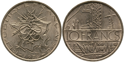Франция 10 франков 1979 тип Матье KM 940, Le Franc 365.13-14 никель латунь 97-643