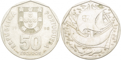 Португалия 50 эскудо 1988 парусник KM 636 медно-никель 4403-1041