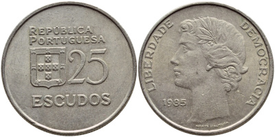 Португалия 25 эскудо 1985 KM 607а медно-никель 4394-811