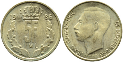 Люксембург 5 франков 1986 Великий герцог Жан (1964-1999) KM 60.1 латунь 4391-1254