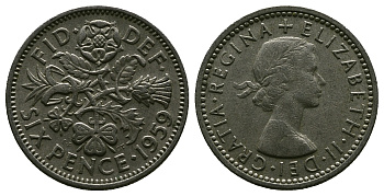 Великобритания 6 пенсов 1959 Елизавета II (1952-2022) KM 903, Spink 4149 медно-никель 4381-721