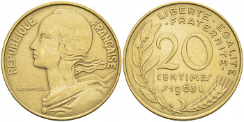 ФРАНЦИЯ 20 САНТИМОВ 1963 KM 930 медь алюминий никель 113-1215