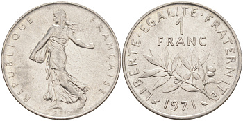 Франция 1 франк 1971 сеятель KM 925.1, Le Franc 226.16 никель 4513-726