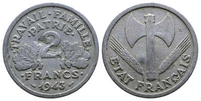 Франция 2 франка 1943 правительство Виши KM 904.1 алюминий 261-445