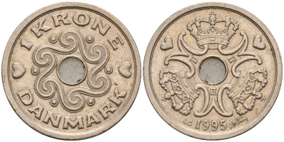 Дания 1 крона 1995 LG; JP; A, Маргрете II (1972- ) KM 873.1 медно-никель 4177-526
