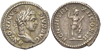 Римская Империя денарий 209 Каракалла, ANTONINVS PIVS AVG, бюст императора / PONTIF TRP XII COS III, Виртус, персонификация Доблести, Рим, 2,81 гр RIC 112 серебро 1073-18-83