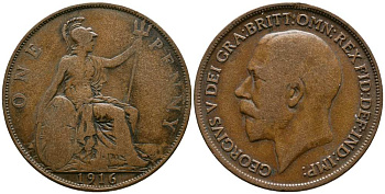 Великобритания 1 пенни 1916 Георг V (1910-1936) KM 810, Spink 4051 бронза 1518-835