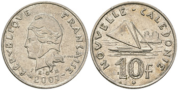 Французская Новая Каледония 10 франков 2007 рыбачья парусная лодка, (IEOM) KM 11a, Schoen 13a, Lec 99k медно-никель 56-535