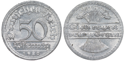 Германия 50 пфеннигов 1920 D KM 27, J. 301 алюминий 4163-721