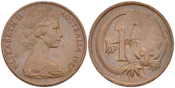 АВСТРАЛИЯ 1 ЦЕНТ 1973 ЕЛИЗАВЕТА II, МОЛОДОЙ ПОРТРЕТ, ОПОССУМ KM 62 бронза 100-763