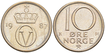 НОРВЕГИЯ 10 ЭРЕ 1987 ОЛАФ V KM 416 медно-никель UNC 187-762