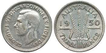 Австралия 3 пенса 1950 m, Георг VI (1937-1952), без букв KM 44 серебро 71-257
