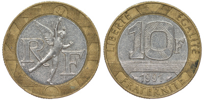 Франция 10 франков 1991 тип гений Бастилии KM 964.1, Le Frank 375.6 биметалл 45-846