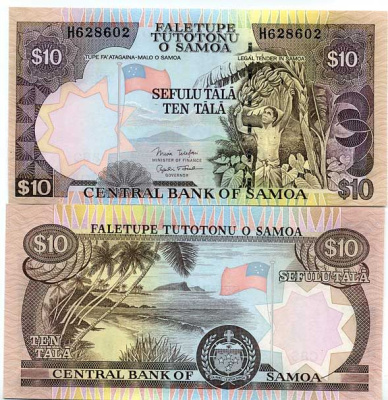 Самоа 10 тала 2005 сбор бананов, подпись "Minister of Finance & Governor" Pick 34 b бумага UNC (пресс) 449-19-3