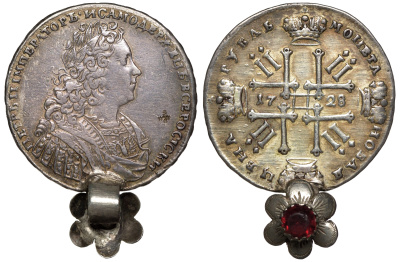 Россия 1 рубль 1728 Петр II (1727-1730), подвеска с камнем, Кадашевский монетный двор Биткин 49, KM 182.2, Dav. 1668 серебро   00-813-81