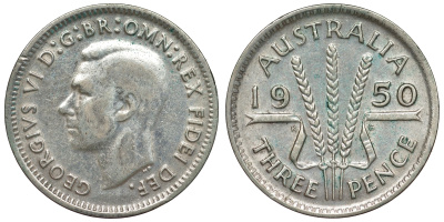 Австралия 3 пенса 1950 m, Георг VI (1937-1952), без букв KM 44 серебро 71-257