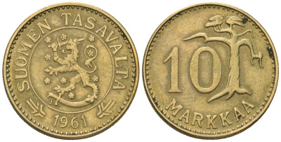 Финляндия 10 марок 1961 S KM 38 алюминиевая бронза 4169-746