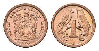 ЮАР 1 цент 1993 герб, капские воробьи KM 132 сталь плакированная медью UNC 4694-123
