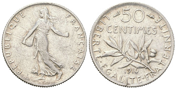 Франция 50 сантимов 1916 KM 854 серебро 4617-756