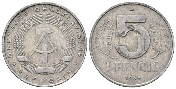 ГДР 5 пфеннигов 1968 А KM 9.1 алюминий 4625-155