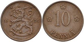 Финляндия 10 пенни 1924 республика (1918-1962) KM 24 медь 46-1031