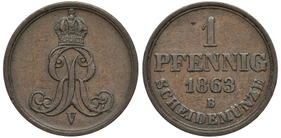Ганновер 1 пфенниг 1863 B, Георг V KM 233, AKS 156, J. 90 медь 4594-233