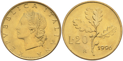 Италия 20 лир 1996 R, дубовый лист KM 97.2 алюминиевая бронза  UNC  4594-1048