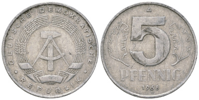 ГДР 5 пфеннигов 1968 А KM 9.1 алюминий 4625-155