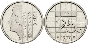 НИДЕРЛАНДЫ 25 ЦЕНТОВ 1997 БЕАТРИКС KM 204 никель 96-332