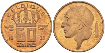 БЕЛЬГИЯ 50 САНТИМОВ 1993 BELGIQUE, БОДУЭН I (1951-1993) KM 148.1 бронза 214-659