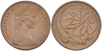 АВСТРАЛИЯ 2 ЦЕНТА 1970 ЕЛИЗАВЕТА II (1953-), ЕЛИЗАВЕТА II, МОЛОДОЙ ПОРТРЕТ, ПЛАЩЕНОСНАЯ ЯЩЕРИЦА (FRILLED LIZARD) KM 63 бронза 4519-436