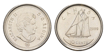 Канада 10 центов 2009 Leaf, Елизавета II (1952-2022), парусник KM 492 сталь плакированная никелем UNC 4630-863