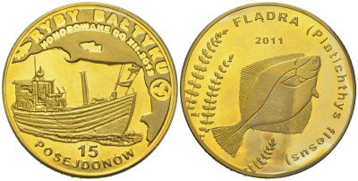 Польша 15 посейдонов ND (2011-2012 рыбы балтики 2012 - Камбала, диаметр 32,5 мм, вес 14,1 гр латунь PROOF 1085-7-44