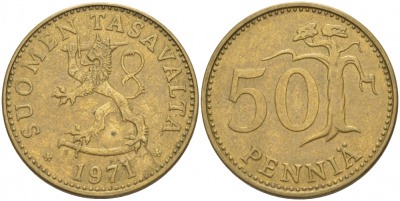 ФИНЛЯНДИЯ 50 ПЕННИ 1971 S KM 48 алюминиевая бронза 3457-923