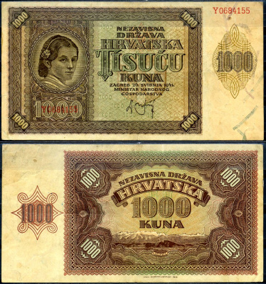 Хорватия 1000 кун 1941 Pick 4 a бумага 7548-101-2-2
