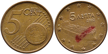 ГРЕЦИЯ 5 ЕВРОЦЕНТОВ 2002 KM 183 сталь плакированная медью 4390-1137