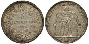 Франция 5 франков 1876 А, Геракл с богинями равенства и братства KM 820.1 серебро 1524-1131