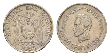 Эквадор 10 сентаво 1924 KM 66 медно-никель 1528-1413