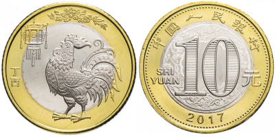 Китай 10 юаней 2017 год петуха KM 2389 биметалл  UNC  M66-18