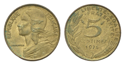 Франция 5 сантимов 1975 KM 933 алюминиевая бронза 4685-1225